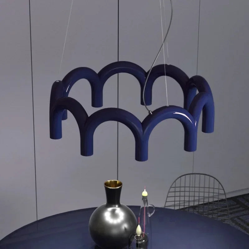 Oblure Arch Chandelier Post Modern Design Pendant Light for Coffee Living Room Kitchen U Shaped Lamp Blue Metal Macaron Lamp