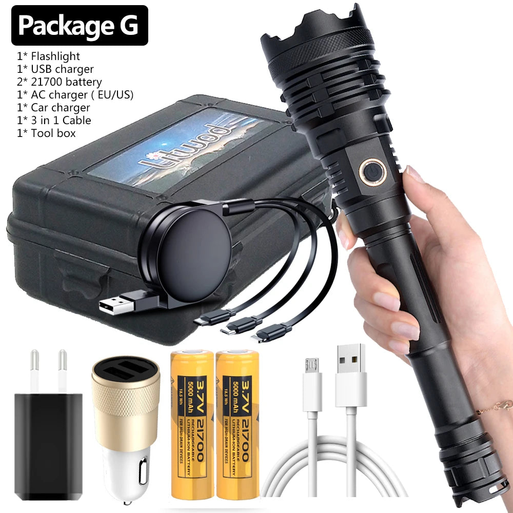 The Most Brightest Led Flashlight XHP110.2 16-core Power Bank 10000mah Torch Usb Rechargeable 21700 Battery Zoomable Lantern 50W