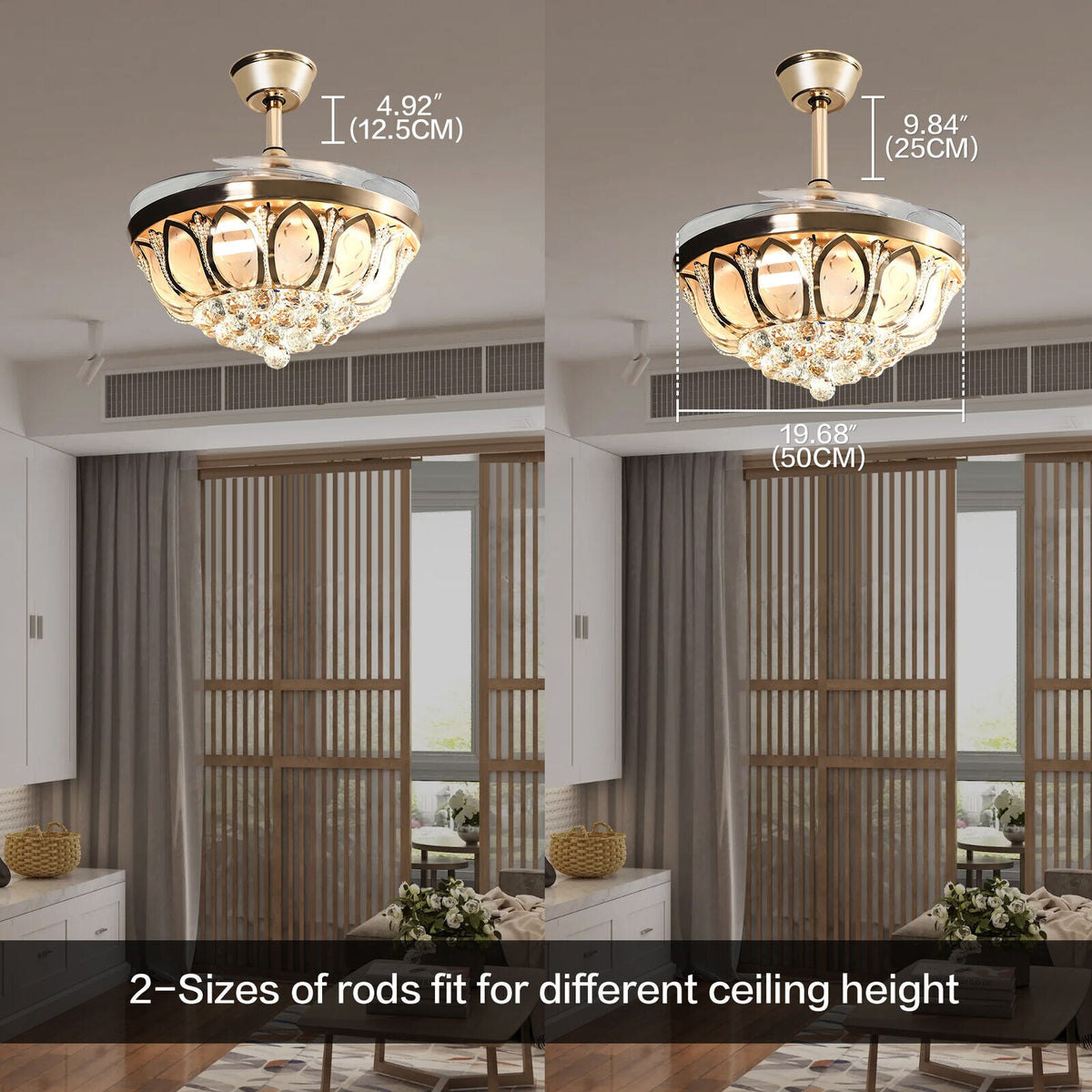 K9 Crystal Retractable Ceiling Fan Light Luxury LED Chandelier Lamp with Remote Control&amp;amp;4 Invisible Blades Golden