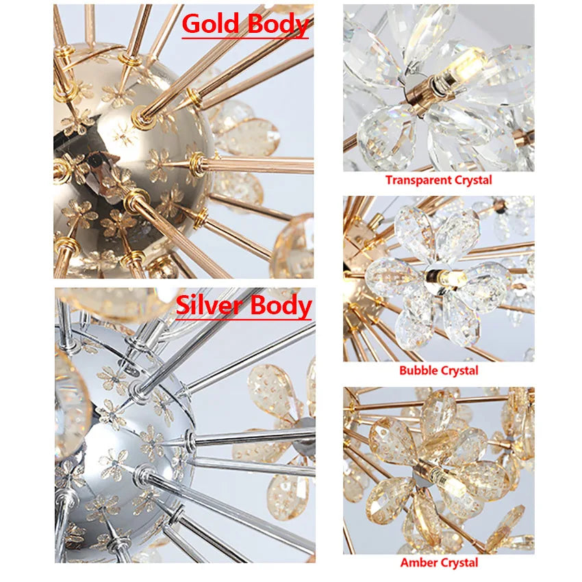 Modern LED Luxury Crystal Chandelier Dandelion Round Ball Pendant Ceiling Lamp for Dining Living Room Hanging Light New