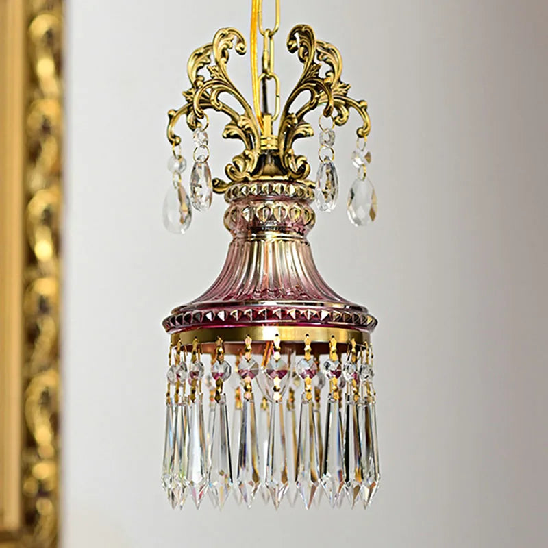 French Crystal Small Chandelier Retro Luxury Bedroom Bedside Hanging Rope Porch Aisle Corridor Balcony Copper Pendant Lighting