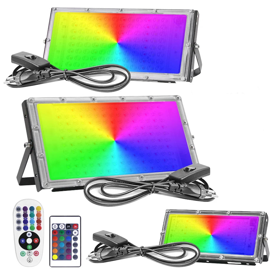 IP65 Waterproof RGB LED Flood Light (50W/100W/300W) AC220V - Outdoor Projector Spotlight with Remote Control & EU Switch Plug