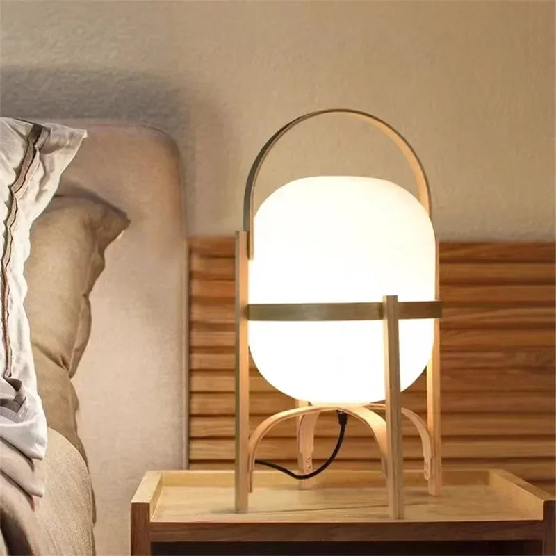 Nordic minimalist wooden LED floor lamp creative Japanese style glass lampshade bedside lamp reading home decoration table lamp