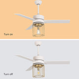 48 Inch Black/White Ceiling Fan 3 Blades 1 Light with Metal Wire-Caged Lampshade and Remote Control for Bedroom