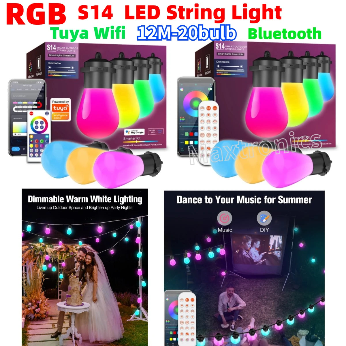 NEW 12M 20Bulbs Tuya WIFI LED String Light S14 USB Smart Bluetooth App Control LED Modules for IP67 Eave Lamp Garden Party Decor