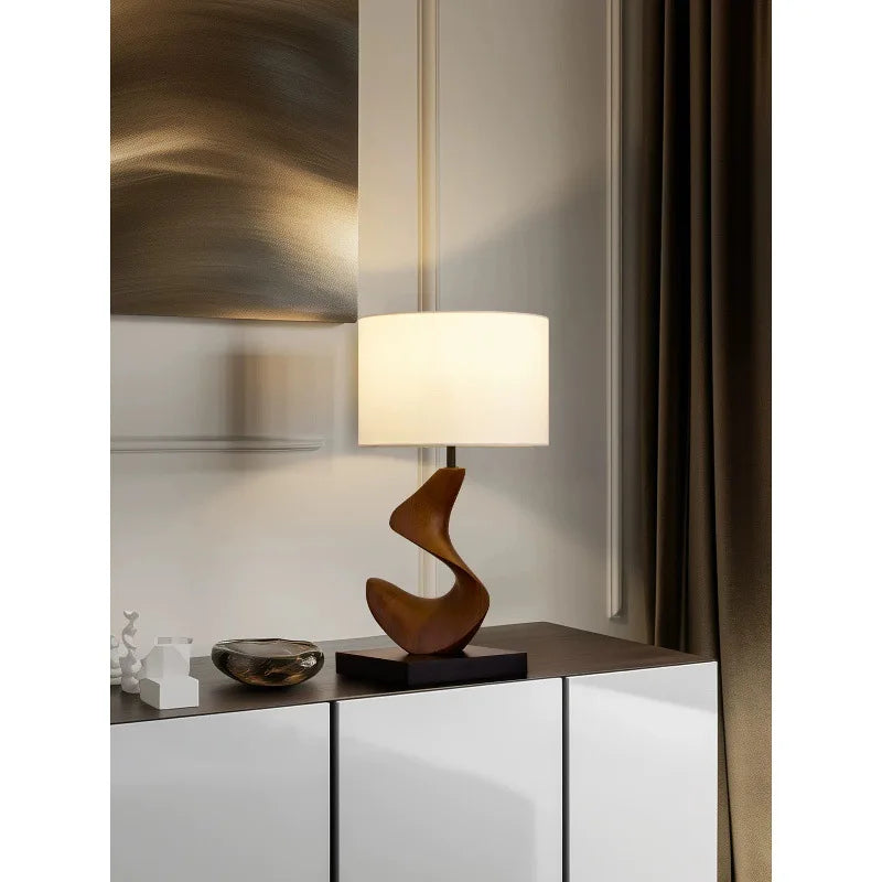 Modern Abstract Twisted Sculpture Table Lamp Resin Wood Grain Base Fabric Shade Bedside Ambient Light Home Decorative Desk Lamp