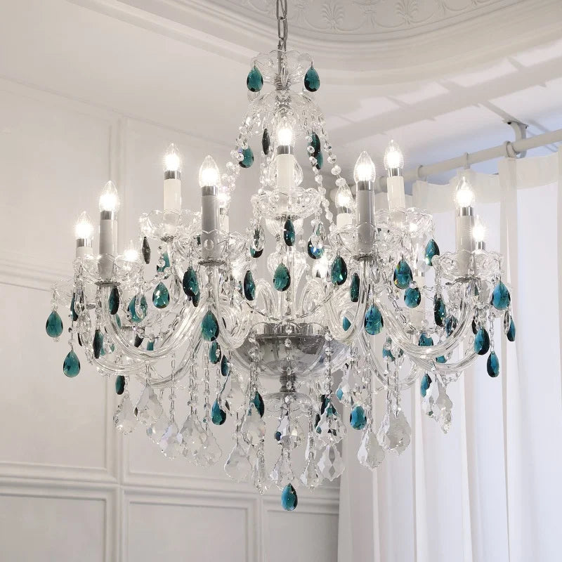 French Green Crystal Candle Chandelier Luxury Romantic Glass E14 Pendant Lights Living Room Art Decor Led Lamparas Bedroom Lamp