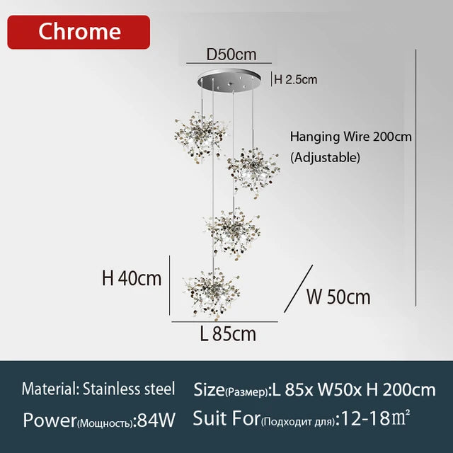 Nordic LED Chandelier Stainless Steel Chrome Leaf Personality Art Decors Living Dining Room Bar Table Hanging Lighting