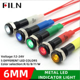 6mm mini 12v 24V LED Metal indicator light flat pilot light signal lamp red green blue orange white with 20cm cable