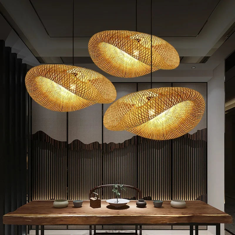 Led Pendant Lamp Ceiling Chandelier Bamboo Weaving Lights for Living R ...