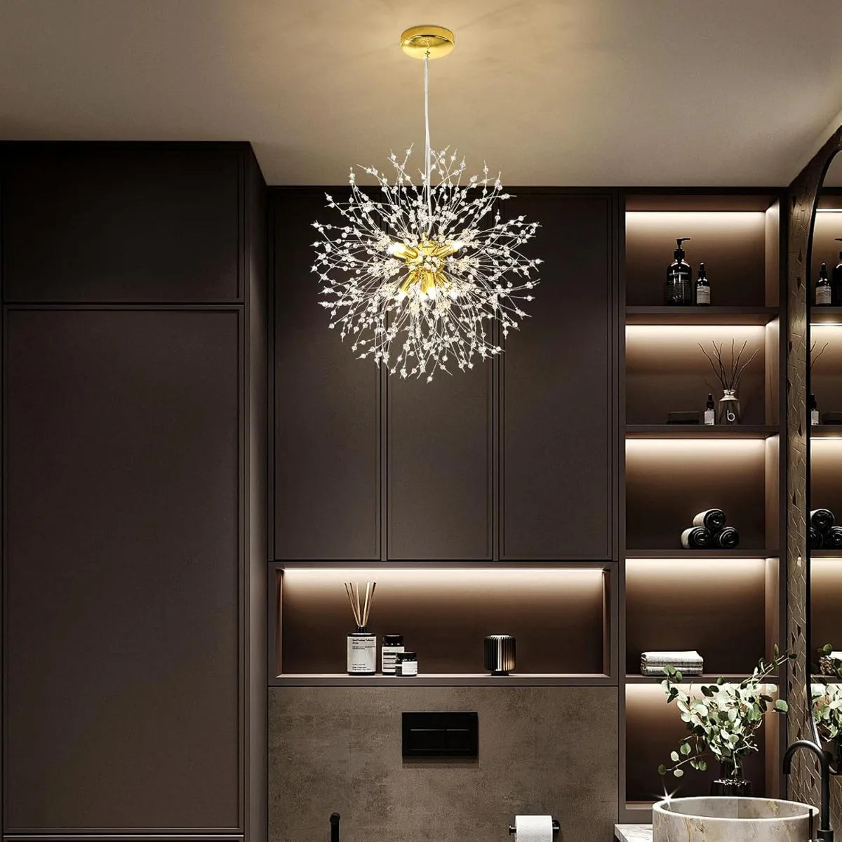 Modern Sputnik Firework Crystal Pendant Lighting 8-Light Gold Chandelier for Dining Room Living Room Bedroom Restaurant