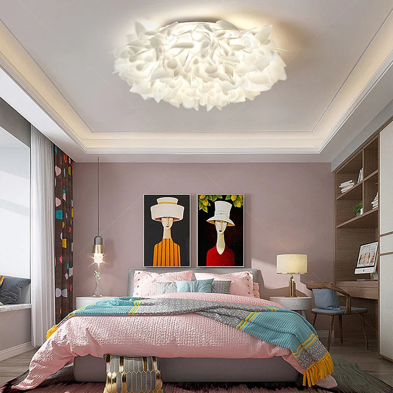 Romantic White Flower LED Ceiling Lamp Bedroom Restaurant Parlor Lighting Remote Control Dimmable Home Decors PVC Dropshipping