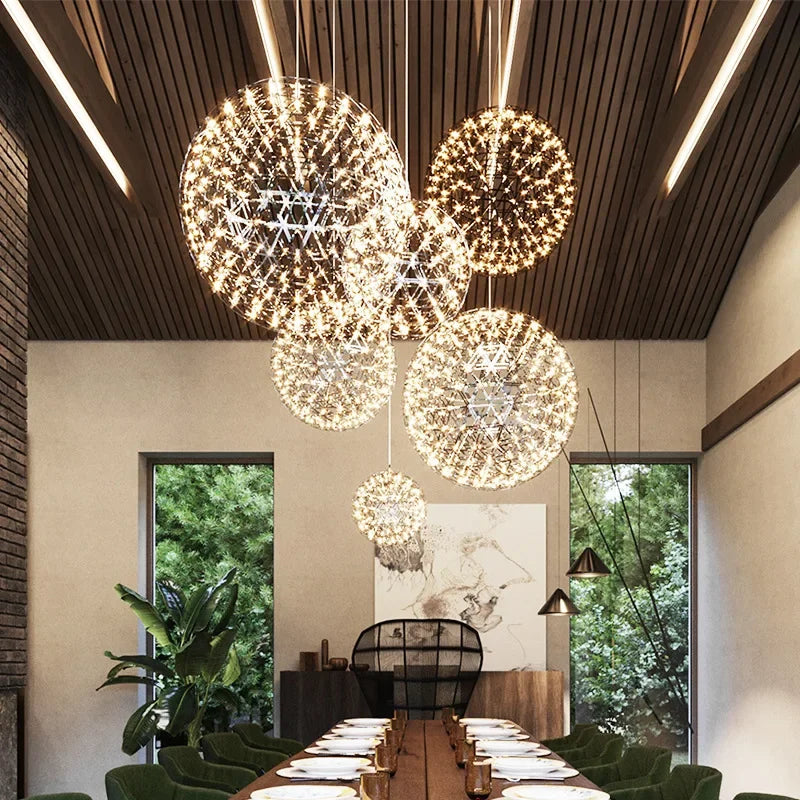 Modern Restaurant Chandelier Creative Personality Dandelion Art Spherical Nordic Fireworks Living Room Spark Ball Chandelier LED