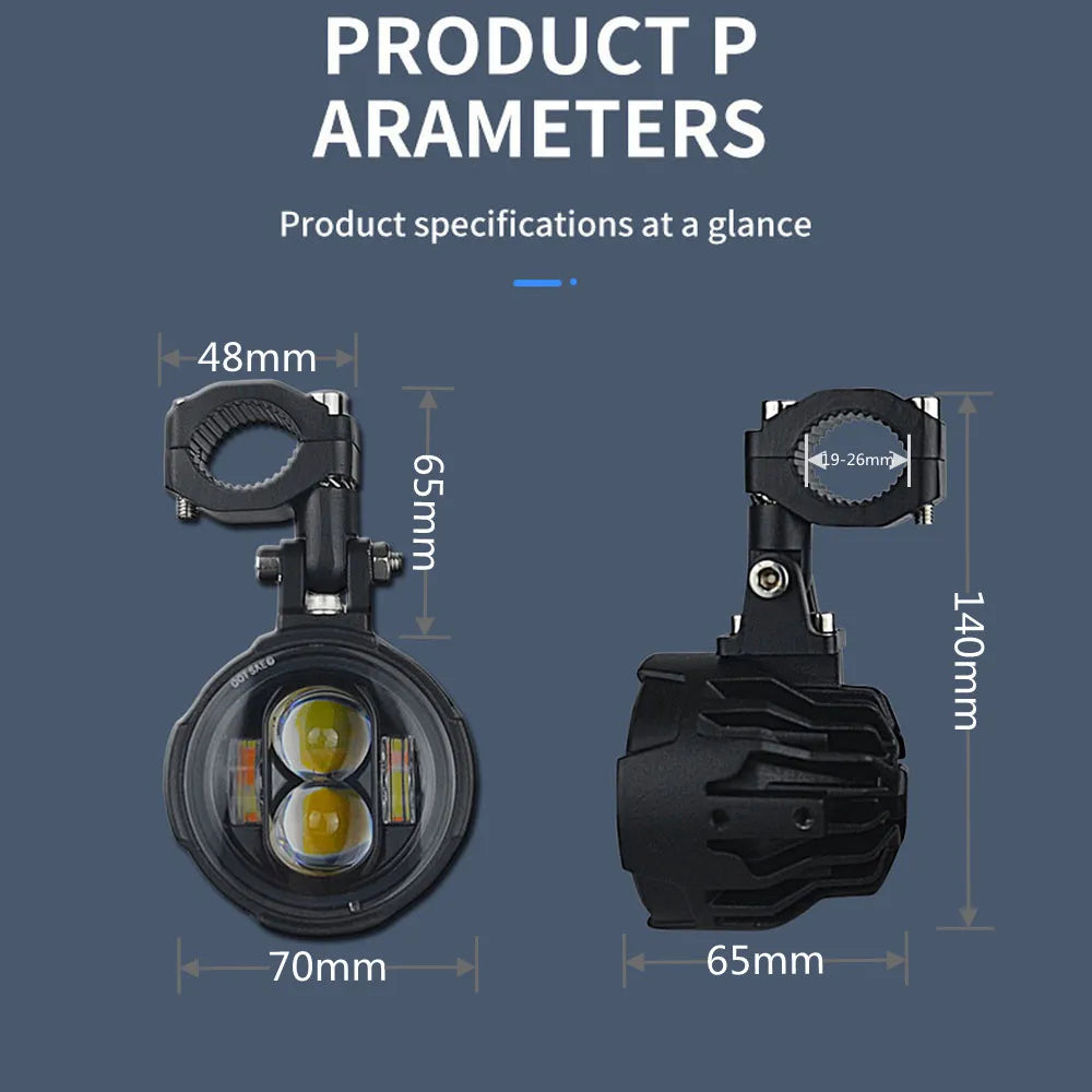 100W Motorcycle LED Fog Lights - Dual Color Auxiliary Driving Spotlights