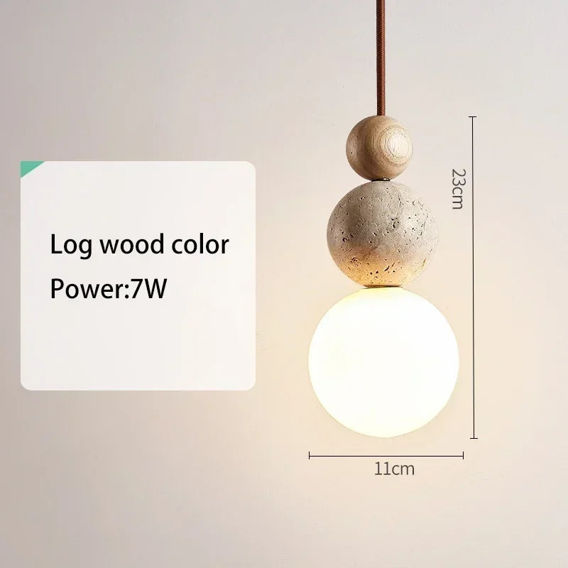 Yellow Travertine Pendant Light - Modern Cream Style Stone & Wood Hanging Lamp