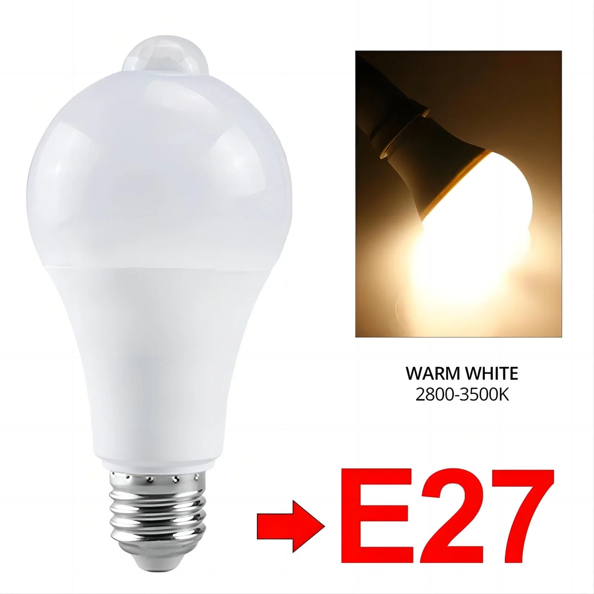 85-265V Led Light Bulb with PIR Motion Sensor E27 E26 B22 12W White Lamp Smart Bulb for Porch Garage Stairs Hallway Dusk to Dawn