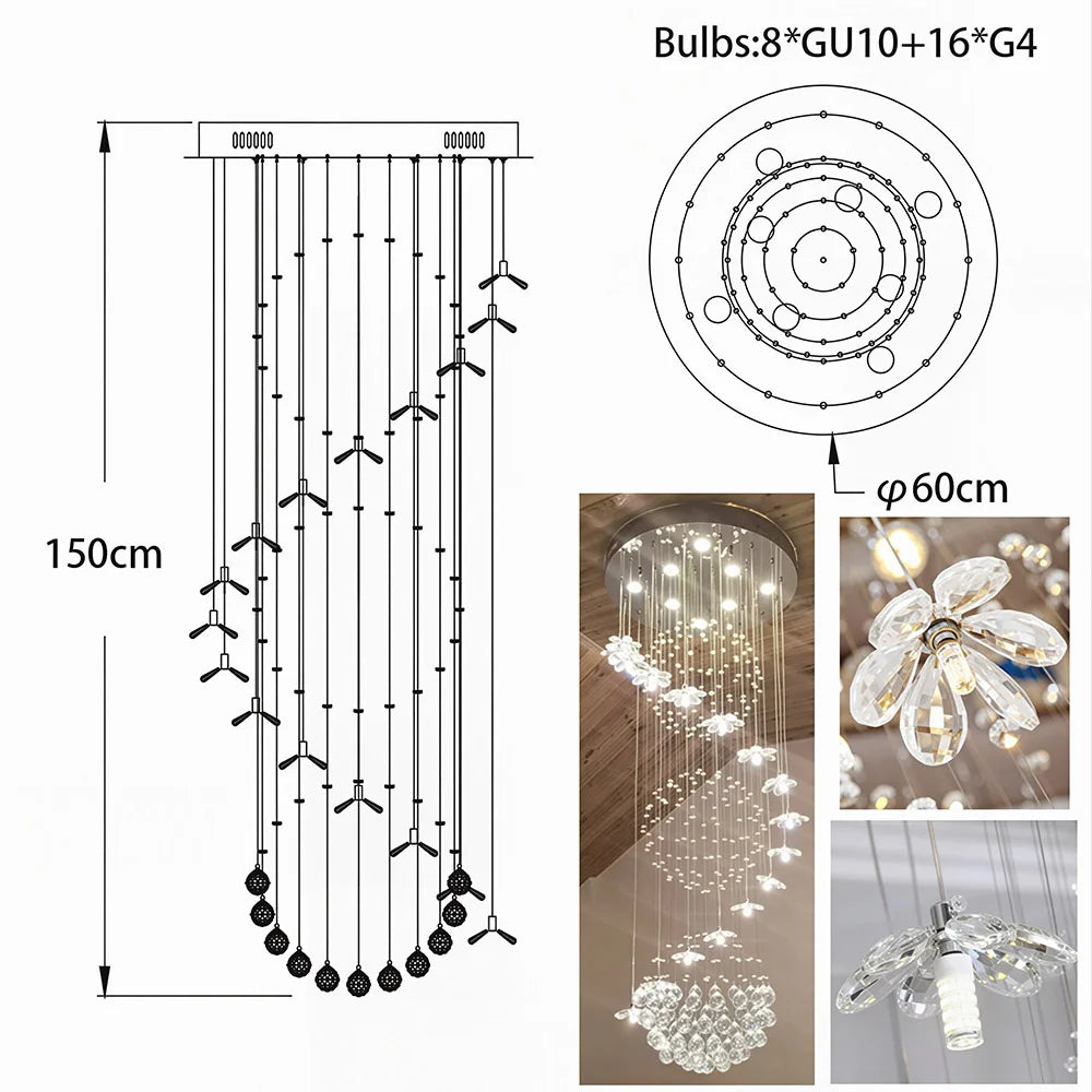 Floral Crystal String Chandelier Tall LED Pendant Light Indoor Decor Lighting For High Ceiling Stairs Lobby Hotel