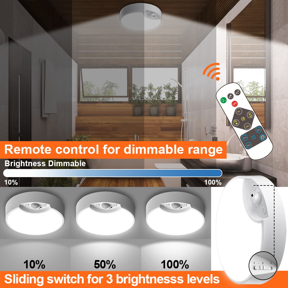 Battery Power Remote Ceiling Lamp Dimmable Wireless Motion Sensor LED Ceiling Lights Fixture Timer Kitchen Hallway Night Lights