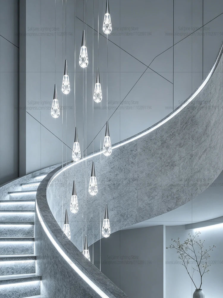 Modern Luxury Crystal Chandelier Hanging Staircas Water Droplet Pendent Lamp Villa Living Room Ceiling Light Attic Pendant Light