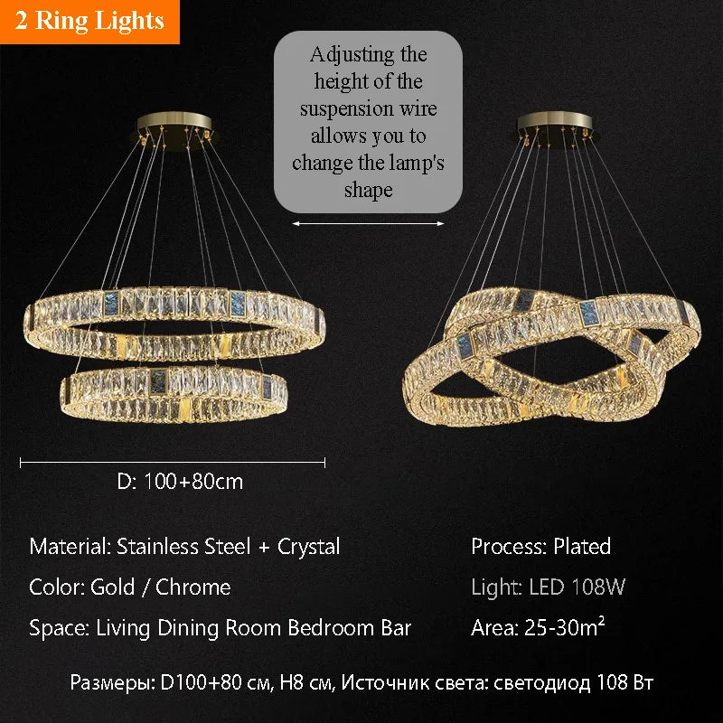 Nordic Luxury Ring K9 Crystal Chandelier Villa Living Dining Room Bedroom Ceiling LED Pendant Light Indoor Lighting Hanging Lamp