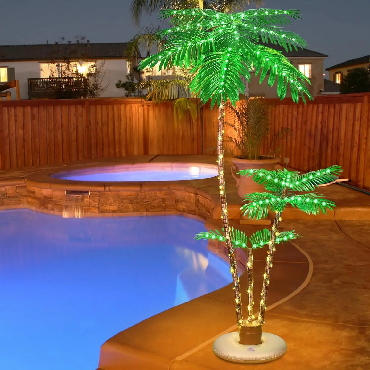 Outdoor terrace with solar powered lighting for palm trees, outdoor Christmas decoration with LED artificial tree lights