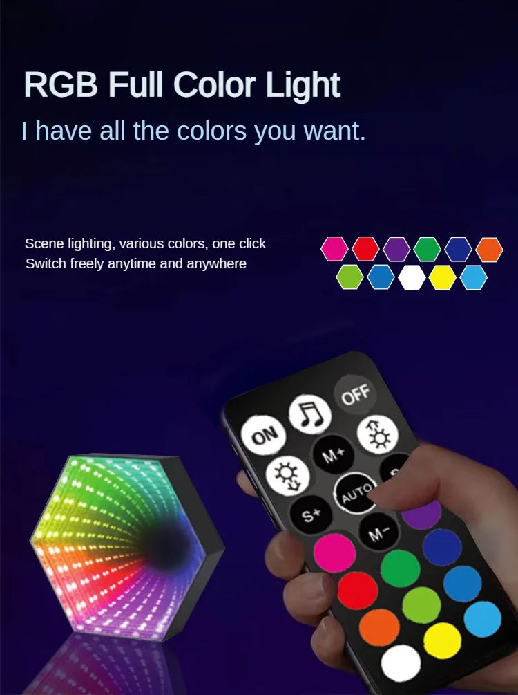 RGB 3D Hexagonal Mirror Tunnel Light LED Desktop Ambient Lamp Compute Game Music Rhythm Sync Pickup Lights Room Decoration