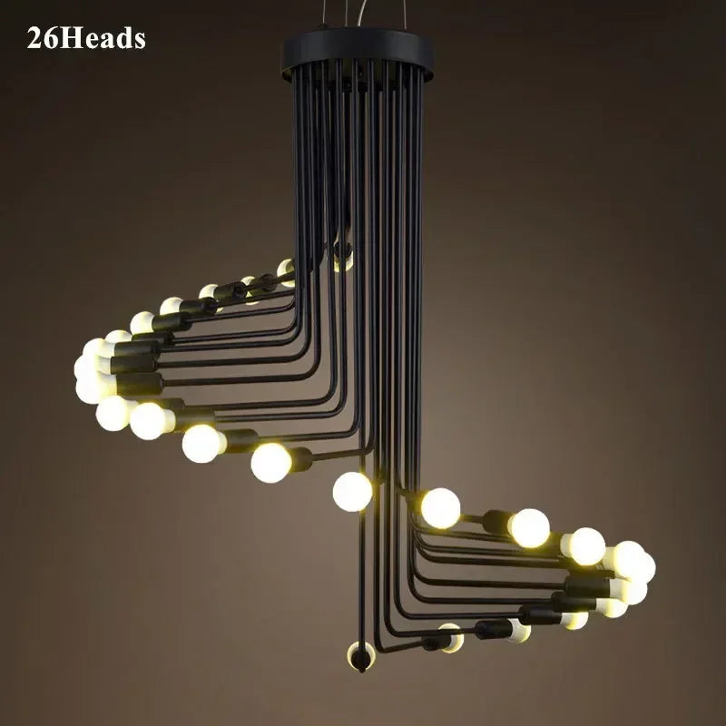 Nordic Creative LED Ceiling Chandelier Black 16/26 Head Iron Hanging Light Coffee Bar Restaurant Spiral Pendant Decorate Fixture