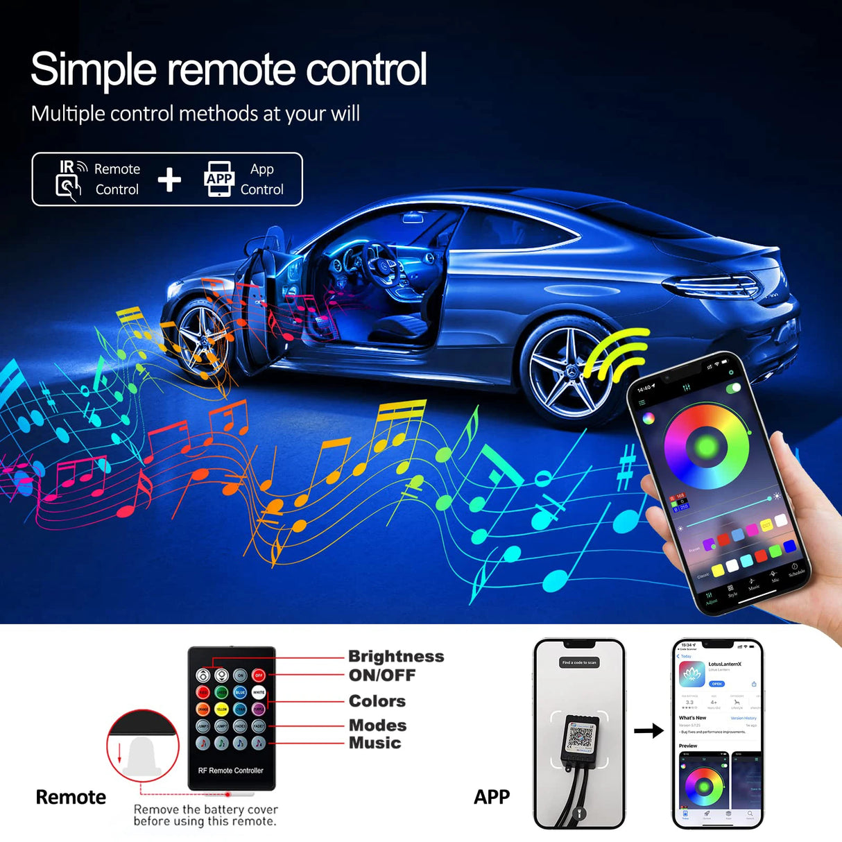Fiber Optic LED Car Ambient Lighting - RGB Neon Interior Atmosphere Kit