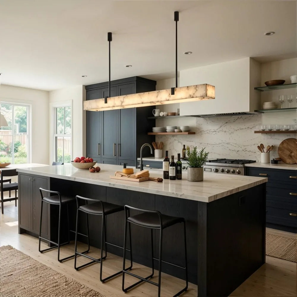 Modern Natural Marble LED Pendant Light - Rectangular Alabaster Chandelier Fixture for Living Room, Kitchen Bar & Dining Room