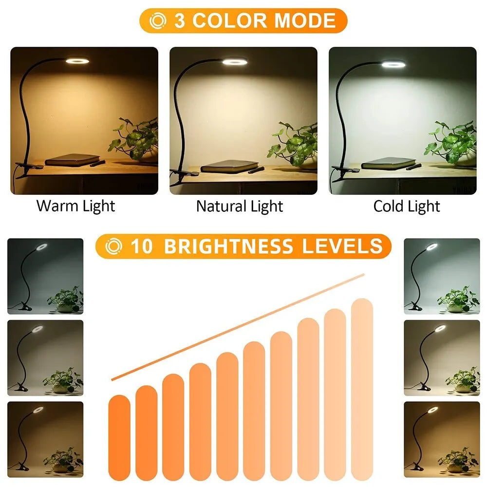 48 LEDs Desk Lamp Clip USB Book Light Bedside 360° Flexible Eye Protection Gooseneck Reading Light Brightness Adjustable 3 Level
