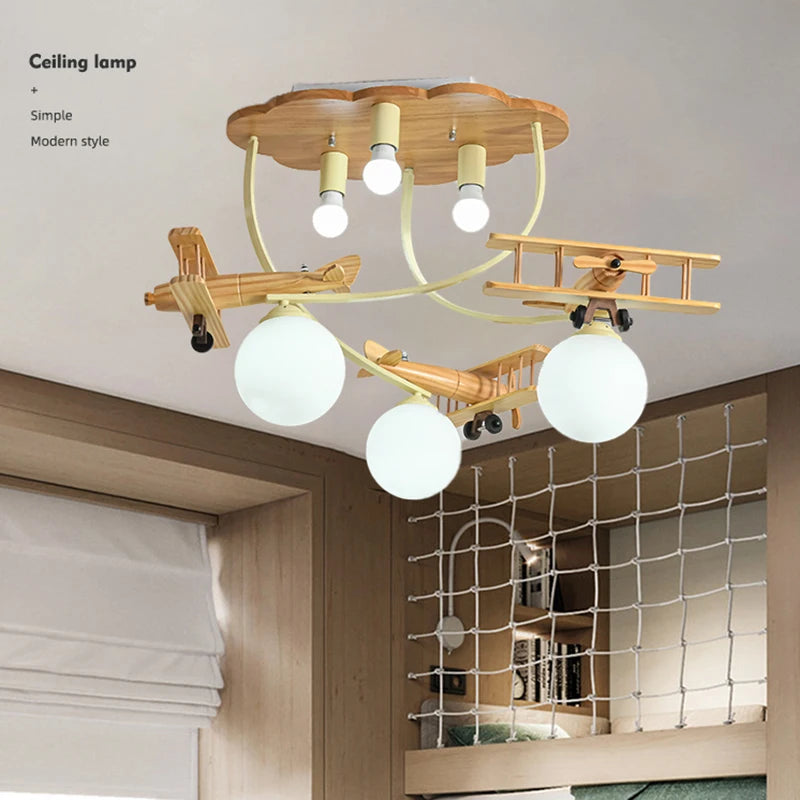 Wooden Plane Lamp Creative Airplane Chandelier Light for Nursery Room Children's Bedroom Ceiling Lights for Boy Kids LED E27