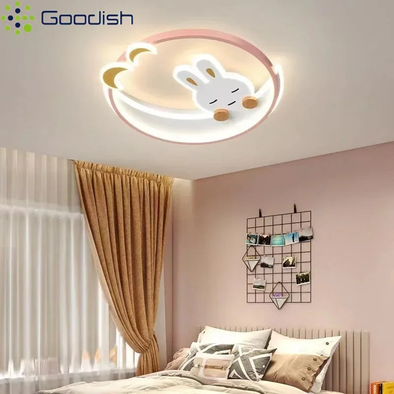 Modern Novelty Cute Cartoon Pink Rabbit Moon LED Ceiling Lights Art Lovely Lamps for Chidren's Room Home Decoration Chandeliers