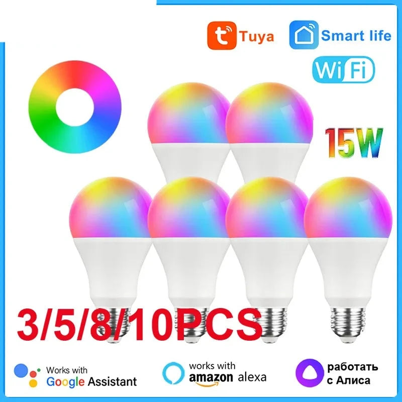 Tuya WiFi E27 B22 Smart Dimmable Bulb RGBCW 100-240V 15W LED Light Smart Life App Control Support Alexa Google Home Alice