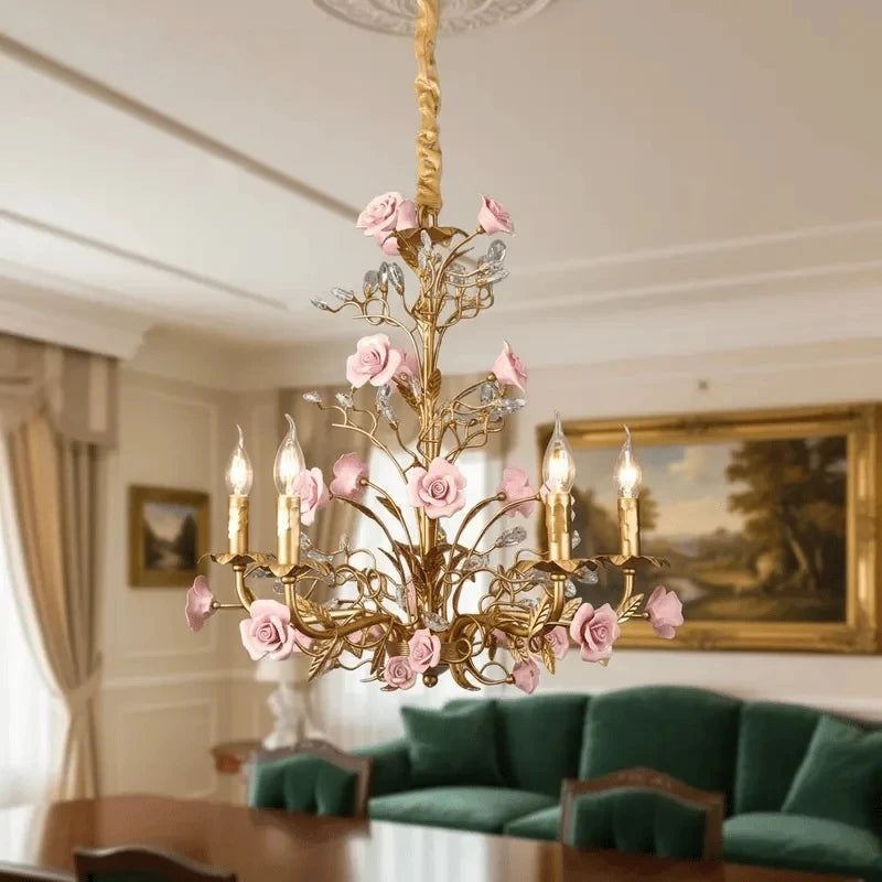 Pink Red Ceramic Rose Chandelier Luxury French Gold 5 Lights Chandelier Bedroom Lighting 6/8/10 Living Room Hanging Lights
