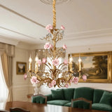 Pink Red Ceramic Rose Chandelier Luxury French Gold 5 Lights Chandelier Bedroom Lighting 6/8/10 Living Room Hanging Lights