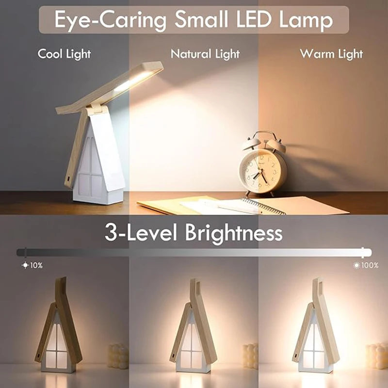 Wooden House LED Desk Lamp, USB Charging Collapsible Office Reading Lamp,Bedside Light, Room Decoration Night Light Gifts