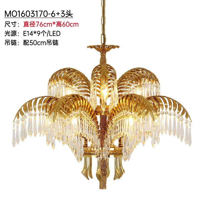 Hand Carving Gold Brass Hanging Pendant Lights Villa Living Room Luxury Crystal Palm Chandelier