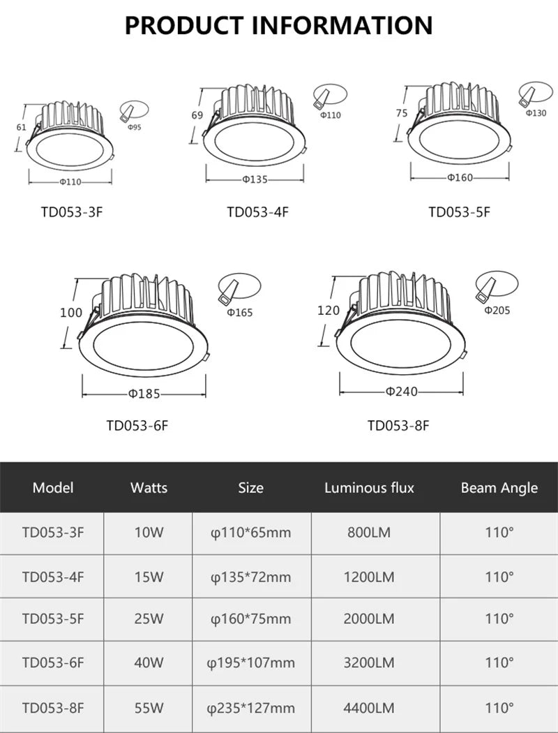 Recessed LED Ceiling Downlight IP65 Waterproof Hotel Home 10W 15W 25W 40W 55W COB Led Spot Light 110V 220V Bathroom Lighting
