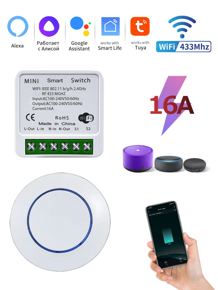 Tuya WiFi Smart Switch 16A - RF 433MHz Remote Relay Receiver Kit