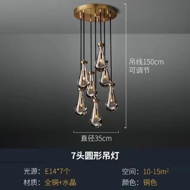 Modern Raindrop Pendant Light Lamp Luxury Round Brass High Ceiling Glass Lampshape Chandelier For Living Room Dining Room Stairs