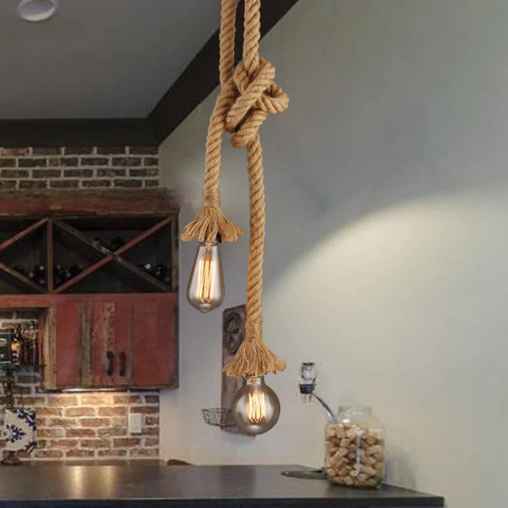 Vintage Industrial Hemp Rope Pendant Light (1m / 2m / 3m / 4m) - Single & Double Head Retro Loft Hanging Lamp Fixture for Edison Bulbs