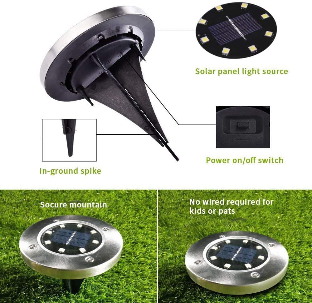 8 LED Solar Garden Lights Outdoor Patio Disk Buried Lights In-Ground Landscape Lighting For Lawn Patio Pathway Yard Deck Walkway