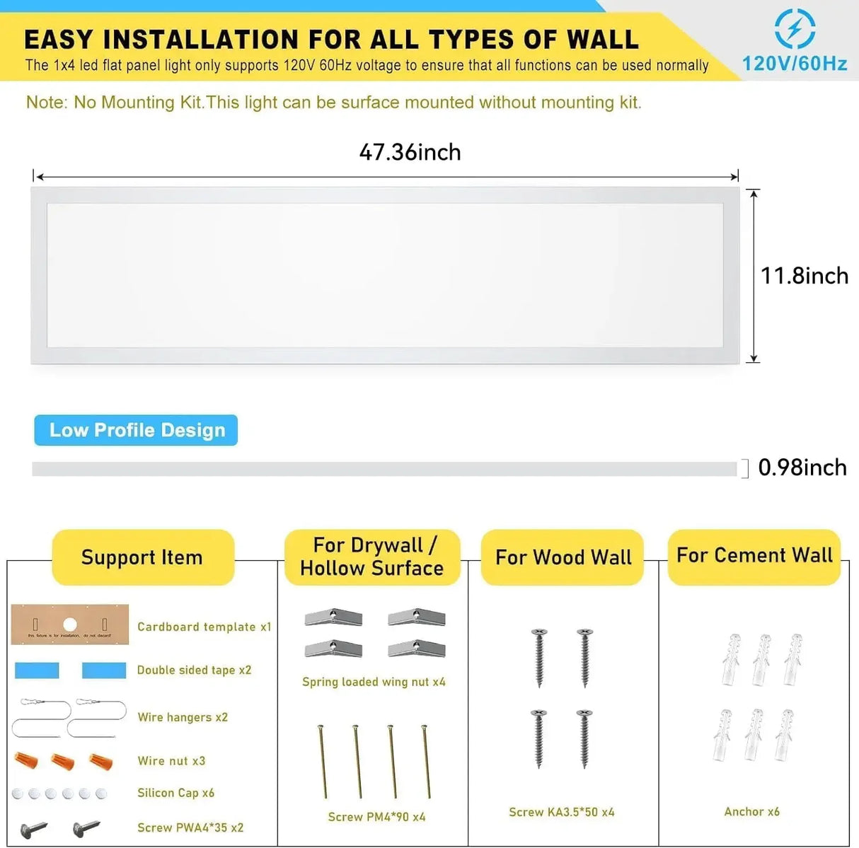 6-Pack 1x4 LED Flat Panel Light - Surface Mount Ceiling Lighting Kit