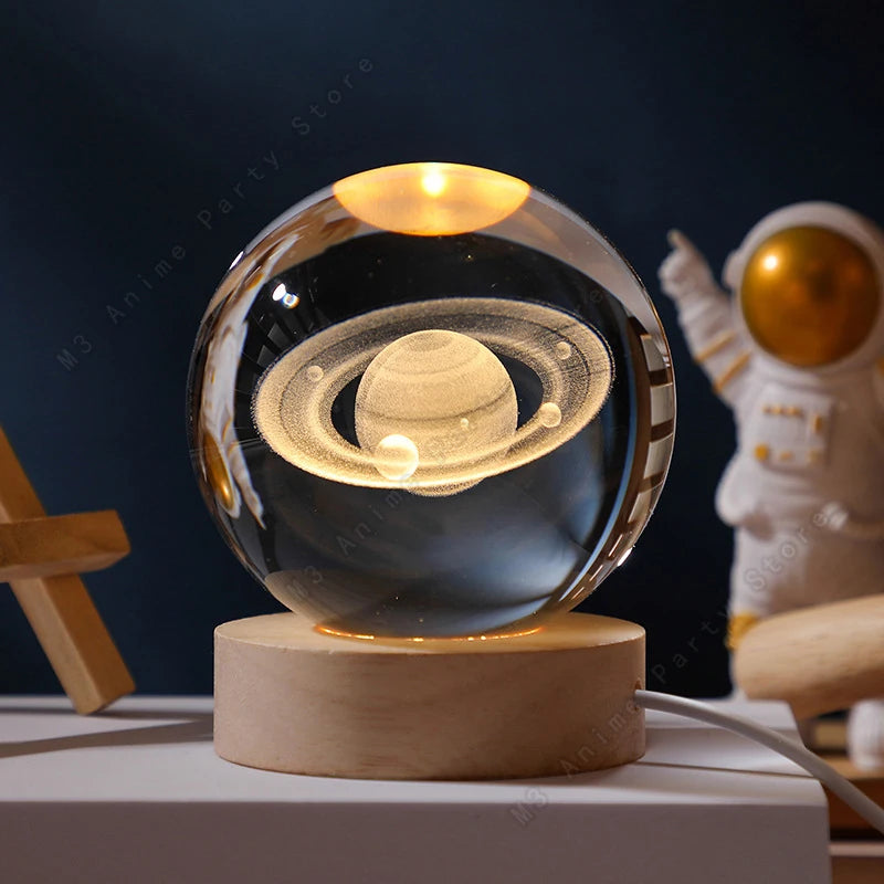 3D Crystal Ball LED Night Light (5cm) - Glowing Galaxy, Planets & Moon Bedside Lamp