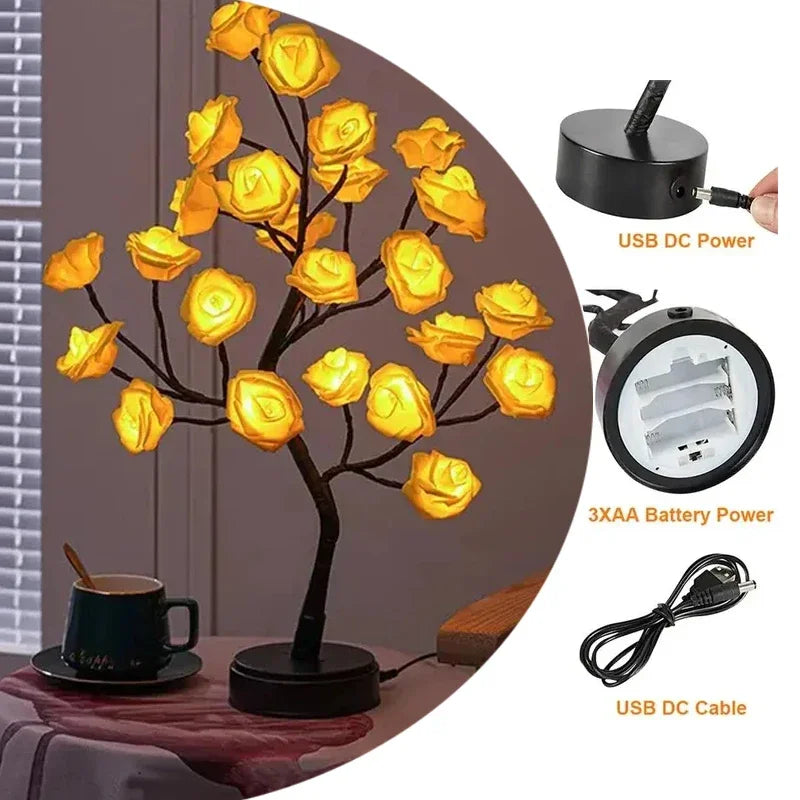 Novelty 24 LED Rose Flower Tree Lights USB Table Lamp Fairy Night Lamp Home Party Christmas Wedding Bedroom Decoration Gift