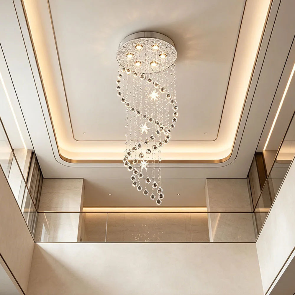 Luxury Spiral K9 Crystal Pendant Light Long Star Crystal Chandelier For Duplex Stairwell Villa Entrance Indoor LED Lighting