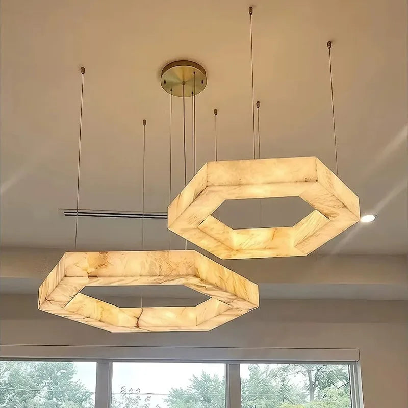 Artificial Marble Pendant Light (Imitation Alabaster) - Modern LED Ceiling Hanging Lamp Fixture for Living Room, Dining Room, Hotel & Villa Decor