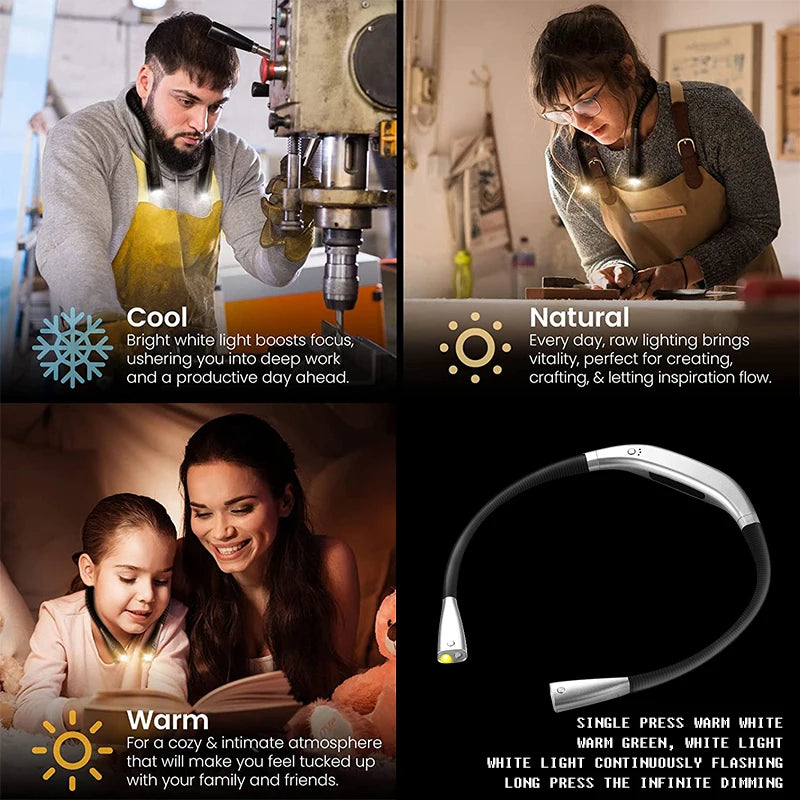 LED Neck Reading Light Flexible Handsfree Lamp Portable USB Rechargeable Book Light Knitting Camping Repairing Running Lighting