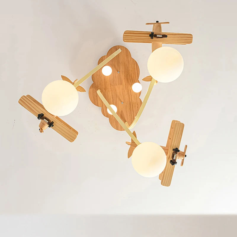 Wooden Plane Lamp Creative Airplane Chandelier Light for Nursery Room Children's Bedroom Ceiling Lights for Boy Kids LED E27