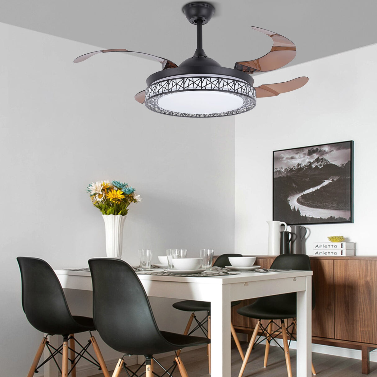 Modern Home Decor Retractable Ceiling Fans with LED Light Chandelier Ceiling Fan 3 Colors 3 Speeds 4 Invisible Blades